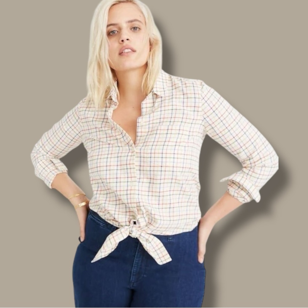 Madewell ‘Tie-Front Shirt in Rainbow Plaid’ in “Balsam Plaid Black” Size Small